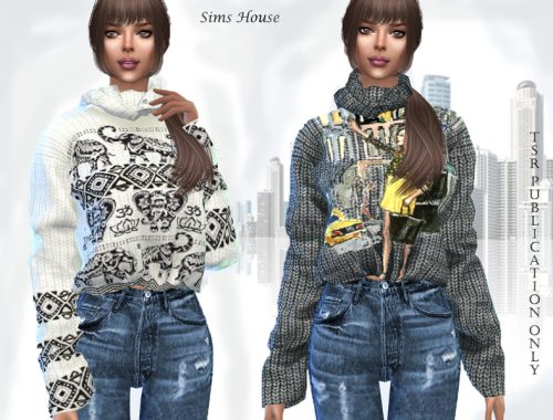 Women's knitted sweater with a collar and print