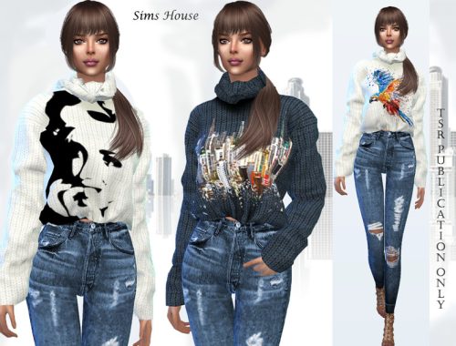 Women's knitted sweater with a collar and print