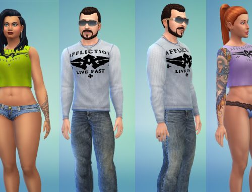 Affliction thermal shirts for men and crop tops for women.