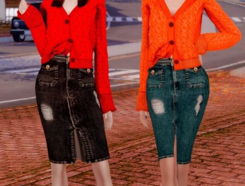 Autumn Sweater Cardigan & Midi Denim Skirt at RIMINGs