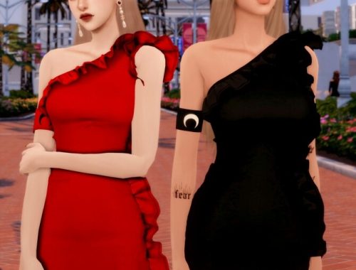 Frill Shoulder Mini Dress & Square Color Hairpin at RIMINGs
