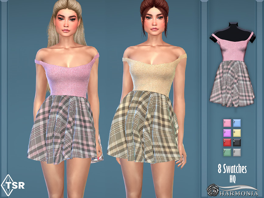 Gingham Bardot Neck Skater Dress - The Sims 4 Catalog