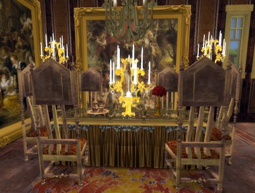 Golden Glowing Candelabra, Table & Throne at Anna Quinn Stories