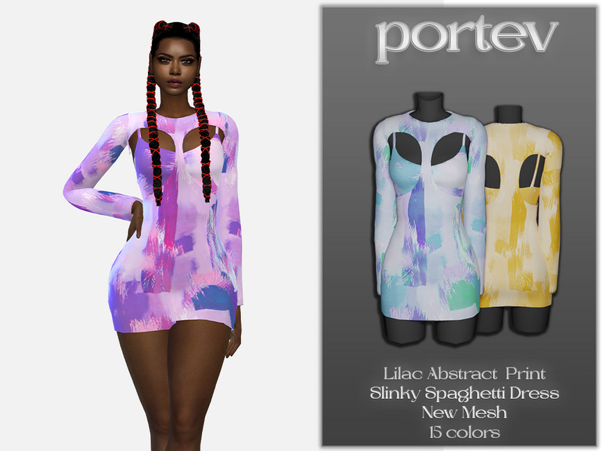 Lilac Abstract Print Slinky Spaghetti Dress - The Sims 4 Catalog