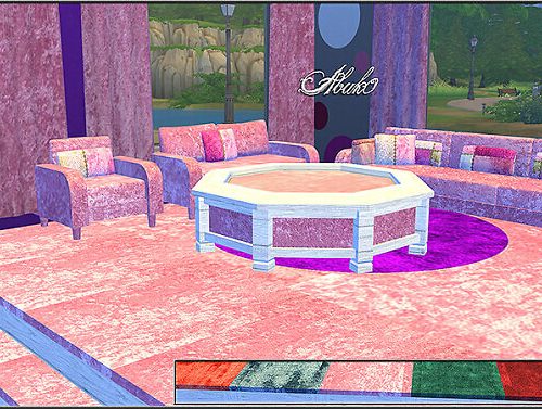 So Velvet: sofa, chair, loveseat, table, curtain, rug & stairs