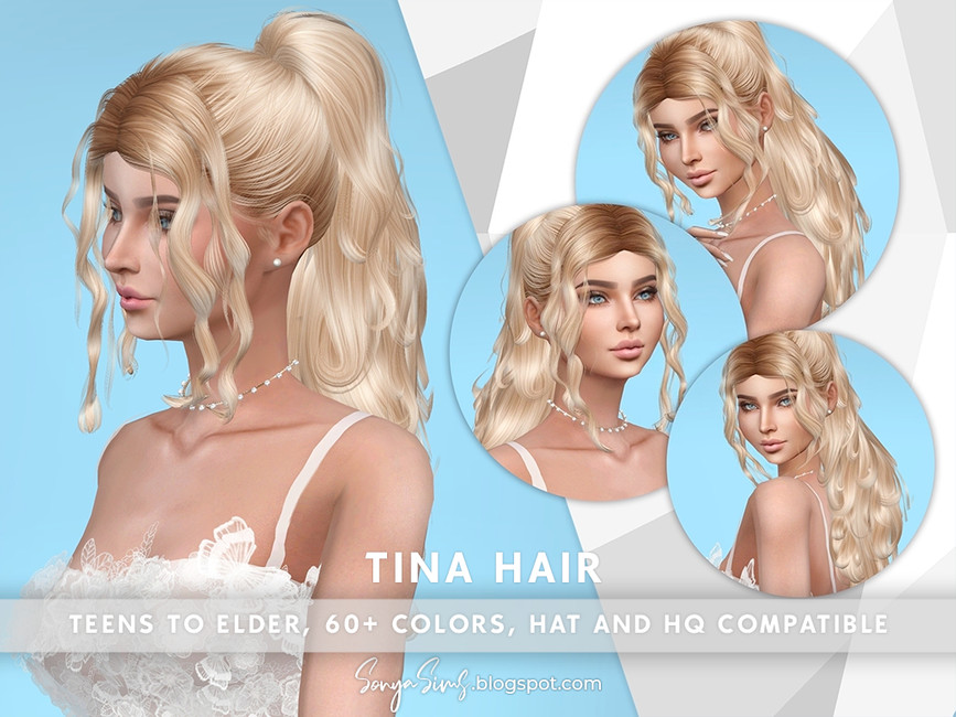 Curly, wavy hair with fringes worn by a blonde female sim for sims 4. 