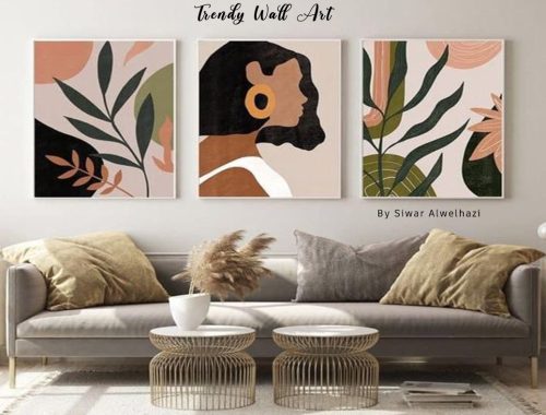 Boho Sunset Landscape, Mountain Lake , Pinky modern wall art Print Set of 3