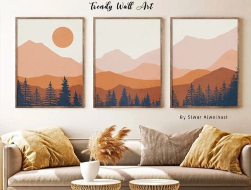 Boho Sunset Landscape, Mountain Lake , Pinky modern wall art Print Set of 3