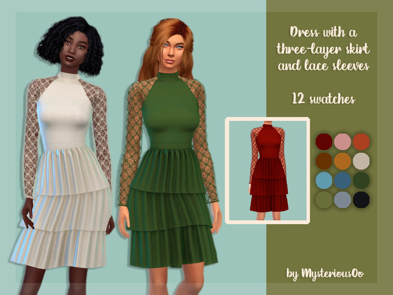 Dress with a three-layer skirt and lace sleeves - The Sims 4 Catalog