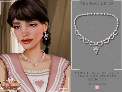 Tea Time Kawaii Pink Crystal & Pearl Bow Pendant Necklace
