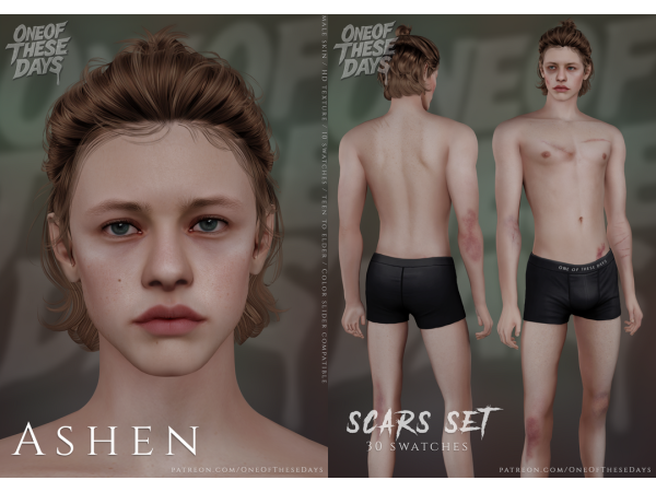 Ashen - Skin/skinoverlay (+ Blush) / Scars Set / Tattoo Set / Tshirt & Tray Files / Complete Sim Dump