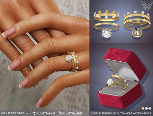 Cantilevered Round Cut Diamond Engagement And Wedding Rings Set