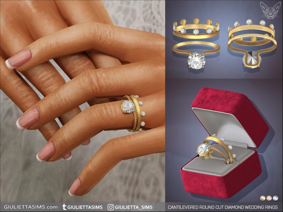 Cantilevered Round Cut Diamond Engagement And Wedding Rings Set