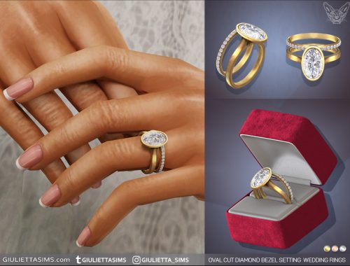 Oval Cut Diamond Bezel Setting Engagement And Wedding Rings Set