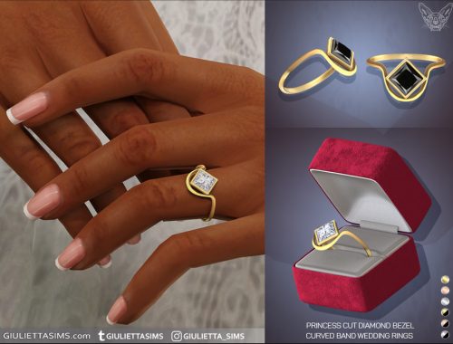 Princess Cut Diamond Bezel Curved Band Engagement And Wedding Rings