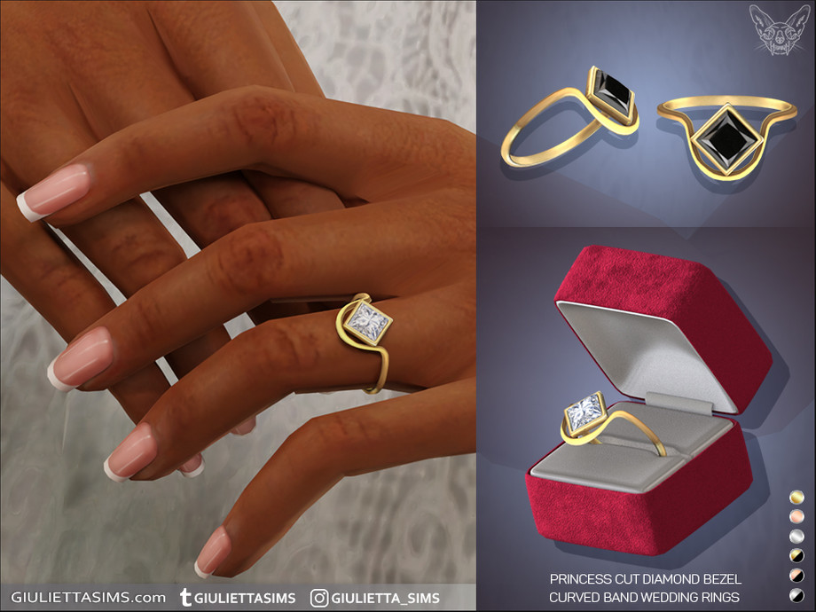 Princess Cut Diamond Bezel Curved Band Engagement And Wedding Rings - Image 3