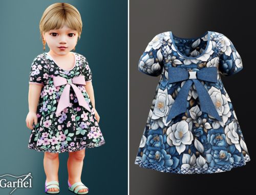 Infant - Floral Bow Dress With Short Sleeves And Contrast Trim