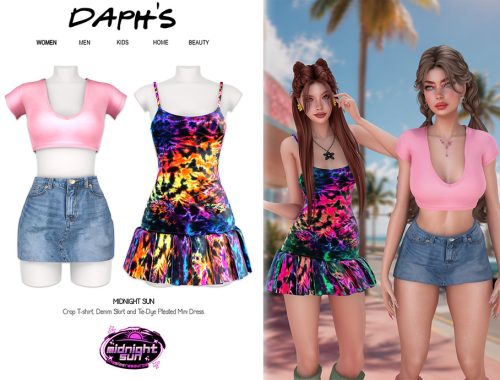 Midnight Sun - Crop T-shirt And Denim Skirt With Tie-dye Pleated Mini Dress