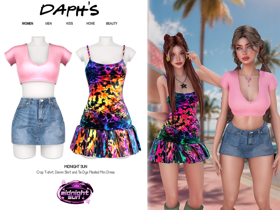 Midnight Sun - Crop T-shirt And Denim Skirt With Tie-dye Pleated Mini Dress
