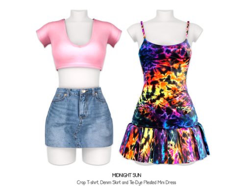 Midnight Sun - Crop T-shirt And Denim Skirt With Tie-dye Pleated Mini Dress