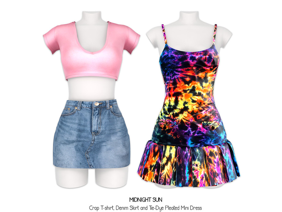 Midnight Sun - Crop T-shirt And Denim Skirt With Tie-dye Pleated Mini Dress - Image 2