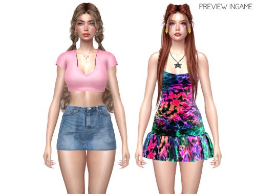 Midnight Sun - Crop T-shirt And Denim Skirt With Tie-dye Pleated Mini Dress