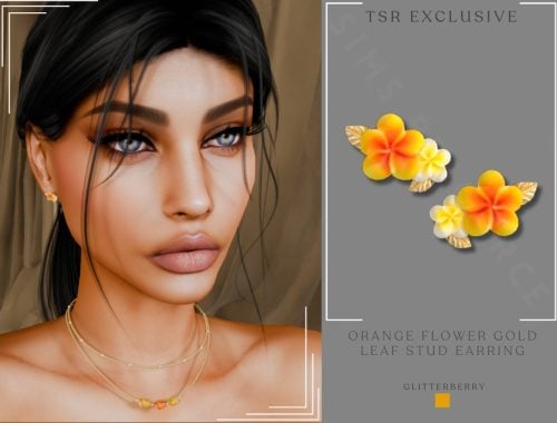 Orange Flower Gold Leaf Stud Earring