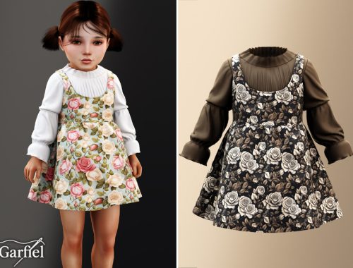 Toddler - Floral Pinafore Dress With Pleated High Neck Blouse