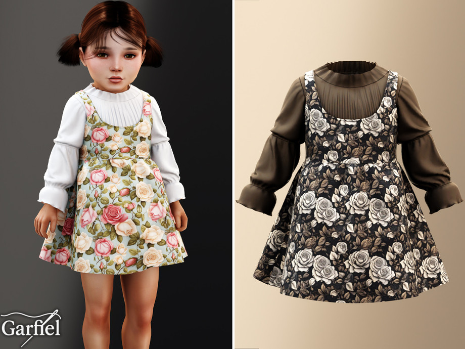 Toddler - Floral Pinafore Dress With Pleated High Neck Blouse