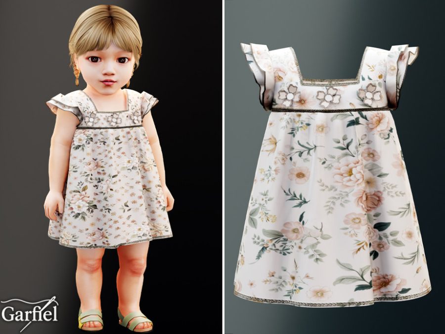 Infant - Soft Floral Dress With Flutter Sleeves And Trim