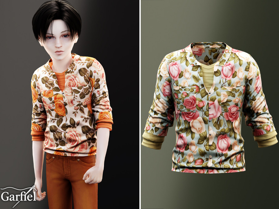 Child - Rose Print Layered Shirt With Rolled Sleeves