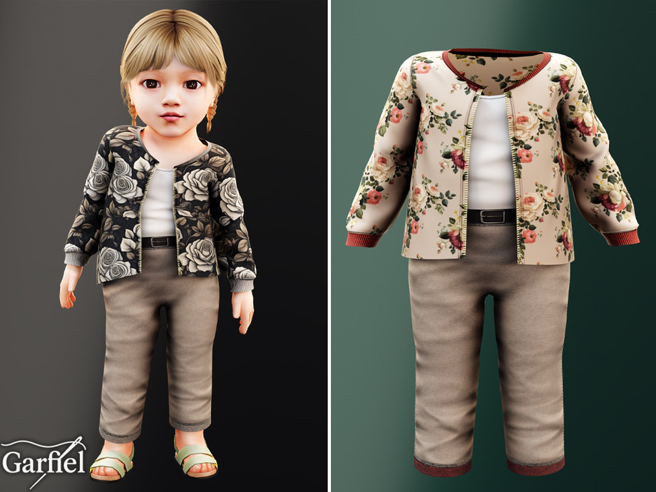 Infant - Floral Zip Jacket Set With Tapered Ankle Pants
