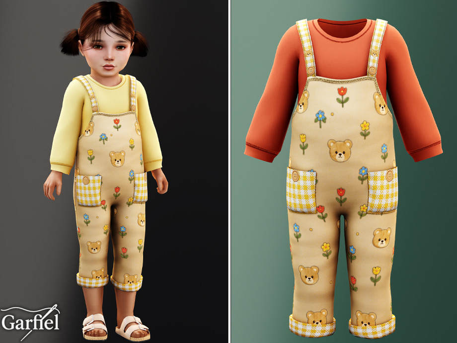 Toddler - Bear Print Overalls With Gingham Pocket Details
