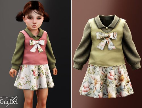 Toddler - Collared Bow Dress With Soft Floral Skirt