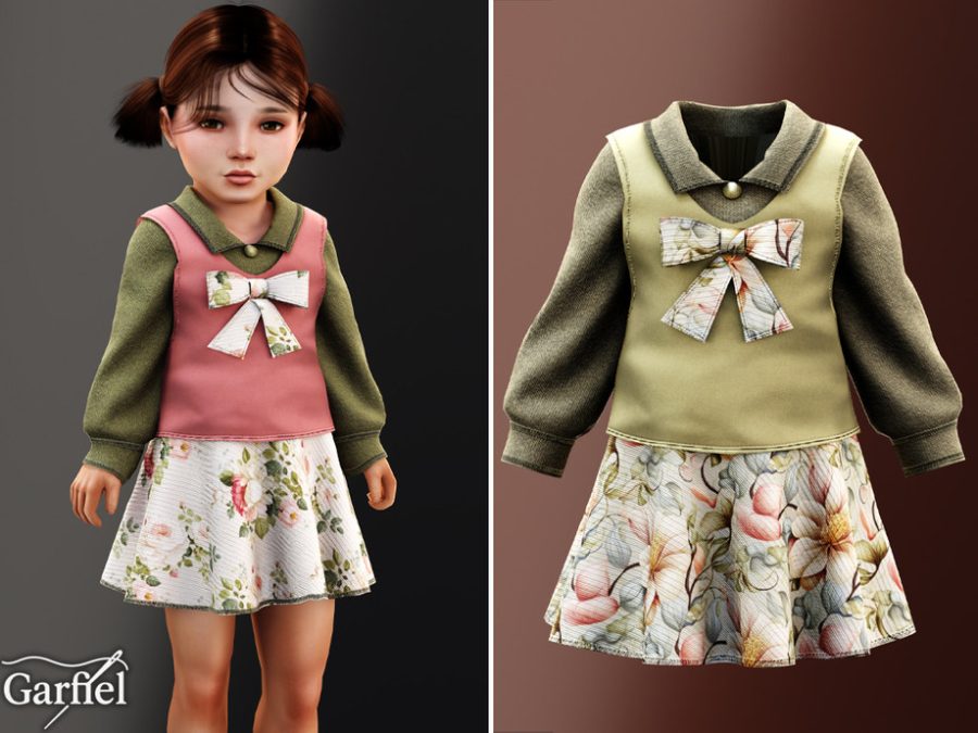 Toddler - Collared Bow Dress With Soft Floral Skirt