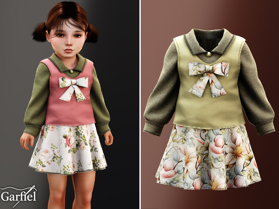 Toddler - Collared Bow Dress With Soft Floral Skirt