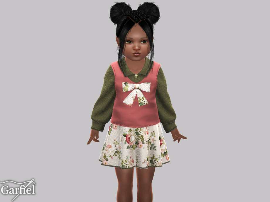 Toddler - Collared Bow Dress With Soft Floral Skirt - Image 2