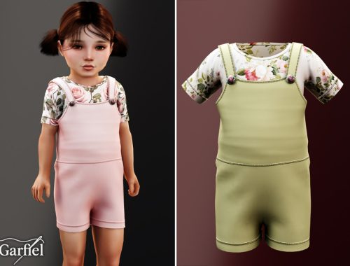 Toddler - Short Overall Set With Floral Print Top