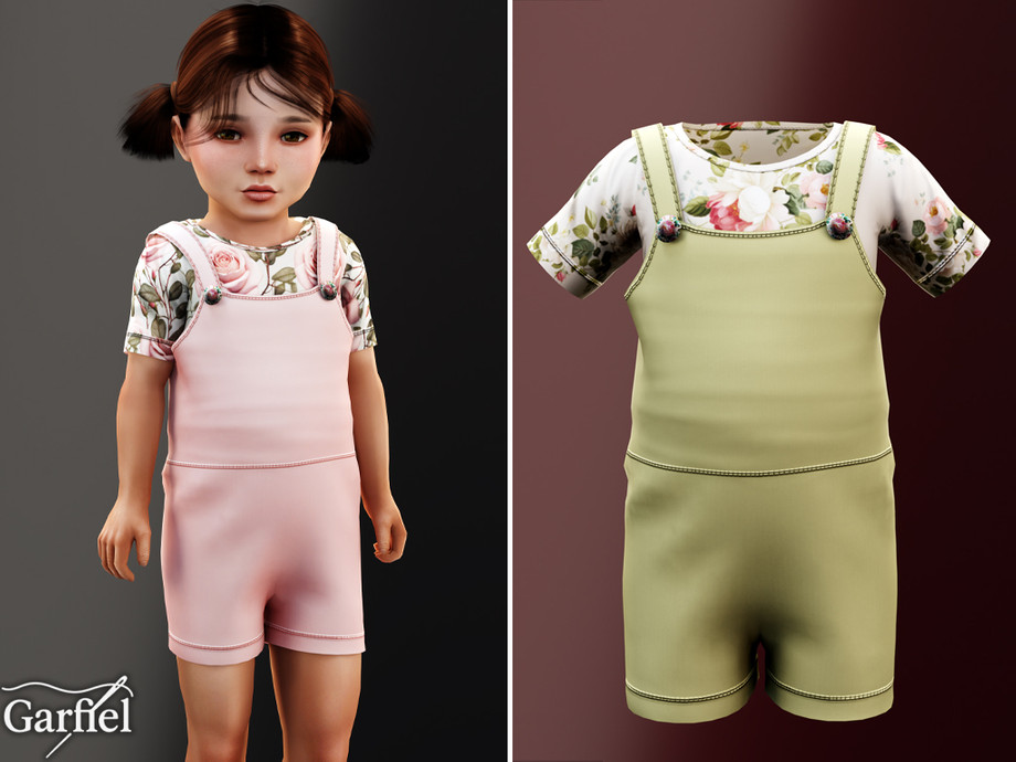 Toddler - Short Overall Set With Floral Print Top