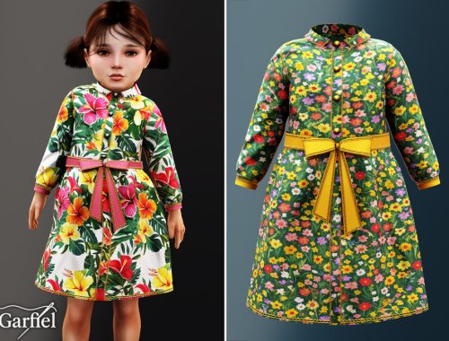 Toddler - Tropical Floral Coat Dress With Bright Waist Bow