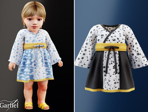 Infant - Kimono Style Dress With Sash And Cloud Print