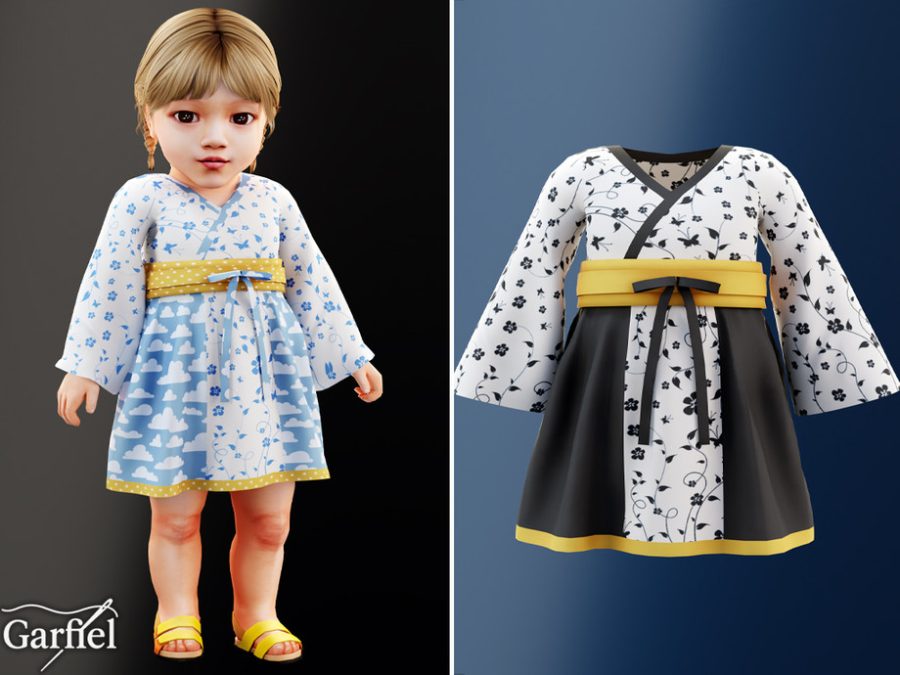 Infant - Kimono Style Dress With Sash And Cloud Print