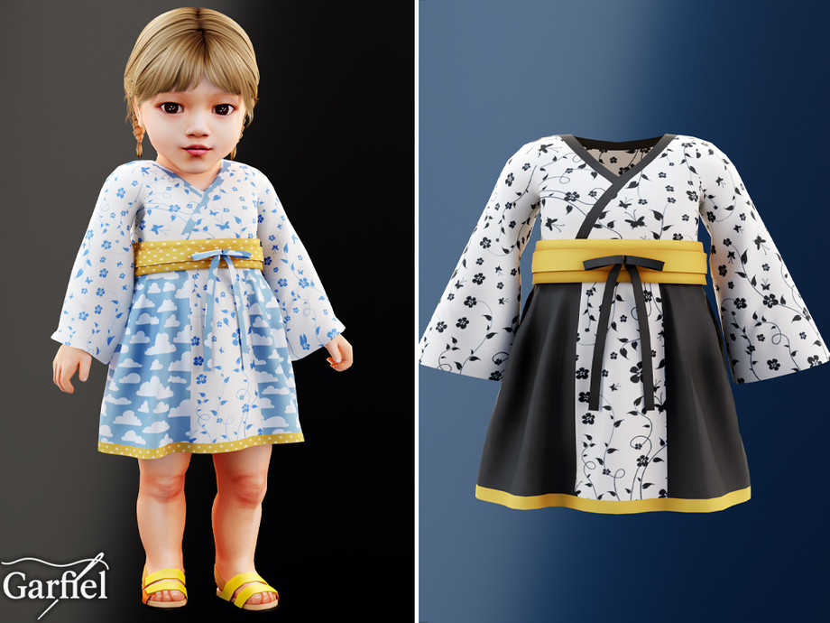 Infant - Kimono Style Dress With Sash And Cloud Print
