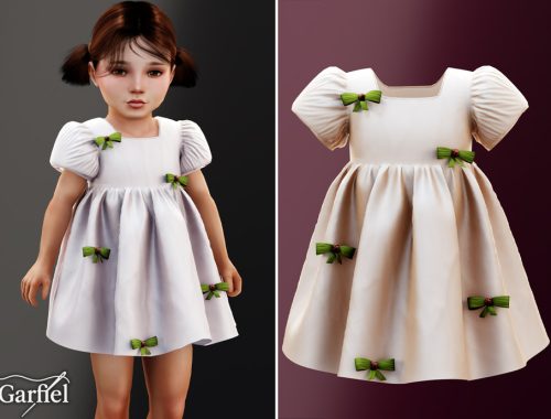 Toddler - Puff Sleeve Dress With Scattered Ribbon Bow Accents