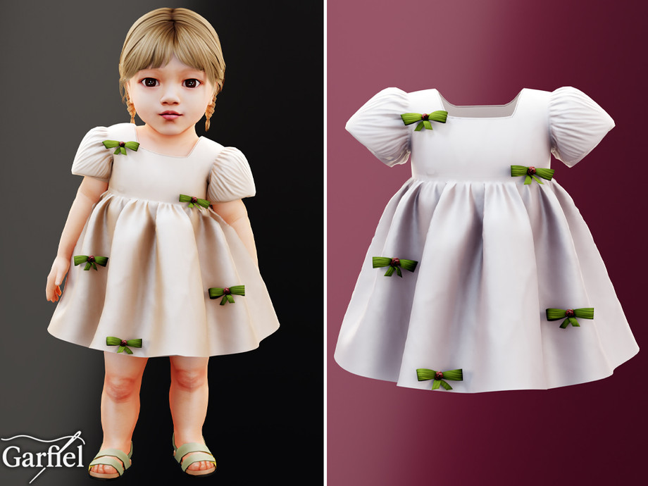 Infant - Puff Sleeve Dress With Scattered Bow Details