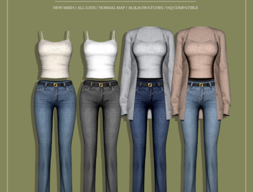 [rimings] Long Knit Cardigan & Knit Cami Top & Belted Straight Jeans