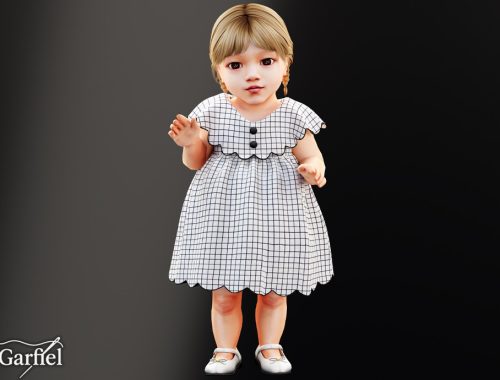 Infant - Soft Grid Print Dress With Scalloped Yoke