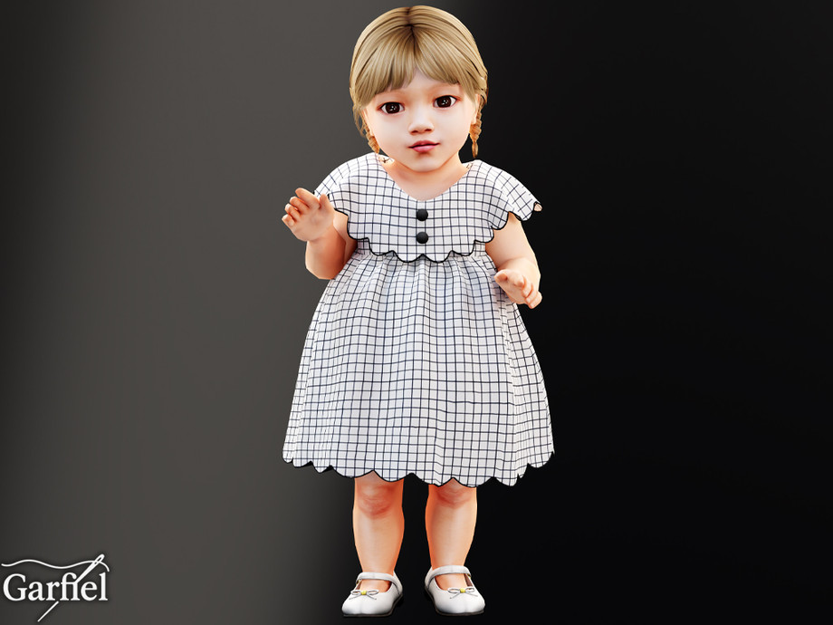Infant - Soft Grid Print Dress With Scalloped Yoke