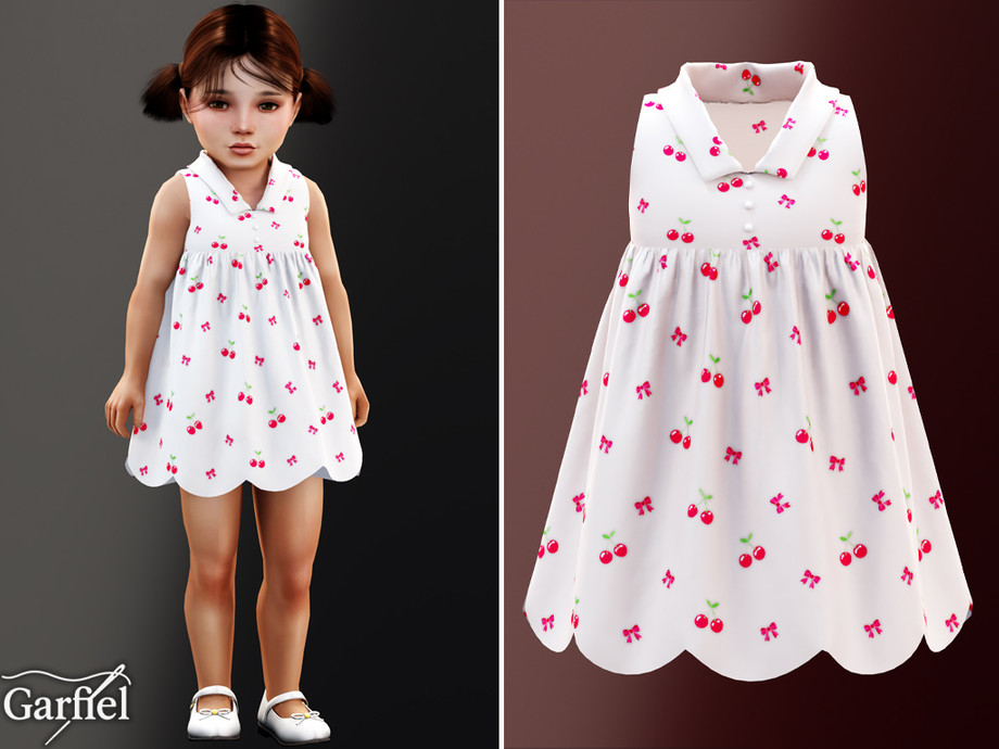 Toddler - Cherry Print Collared Dress With Scalloped Hem