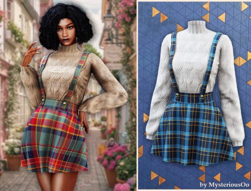 Cozy Knit Sweater With Plaid Suspender Skirt